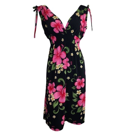 Aloha Hawaiian Fashion Dress One Size Black Pink Floral Tropical Vacation V Neck - Picture 1 of 7
